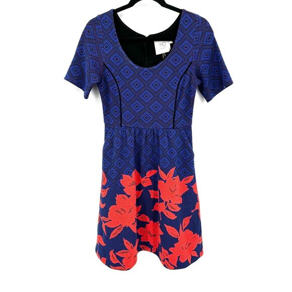 ANTHROPOLOGIE HD In Paris Blue Coral Floral Diamond Knit Mini Dress Size XS - Picture 2 of 8